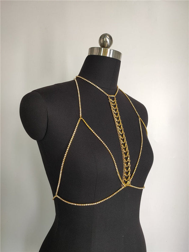 Bra Chest Chain with a multi-layer hollowed-out Chest chain and a neck necklace - Bra Belly Chain - Festival Body Chain - Gold shbangco
