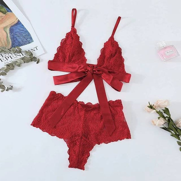 Buy Online Premium Quality and Stylish Vibrant Red Two-Piece Bralettes Bra Set, Red Ribbon Lace Lingerie Set, Sexy Red Lingerie Set, Red Lace Lingerie Set - ShBang.co
