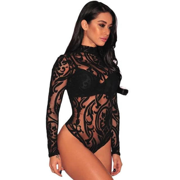 Buy Online Premium Quality and Stylish Premier Release Black Sheer Long Sleeves Mesh Geometric Velvet Women Sexy Bodysuit - ShBang.co