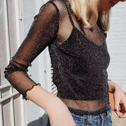 Buy Online Premium Quality and Stylish New Release Transparent Sexy Mesh Long Sleeve Top Bling Solid Casual Slim Thin T-Shirt Ladies Fashion - ShBang.co