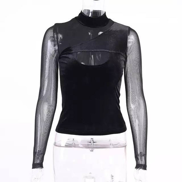 Buy Online Premium Quality and Stylish High End Fashionable Sexy Mesh Long Sleeve with Velvet Feel Top T-shirt Sexy New Trend - ShBang.co