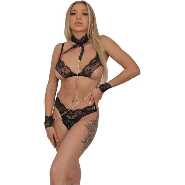 Buy Online Premium Quality and Stylish Hot Transparent Cut-out Lace Lingerie Choker Cuffs Sexy Underwear Set - ShBang.co