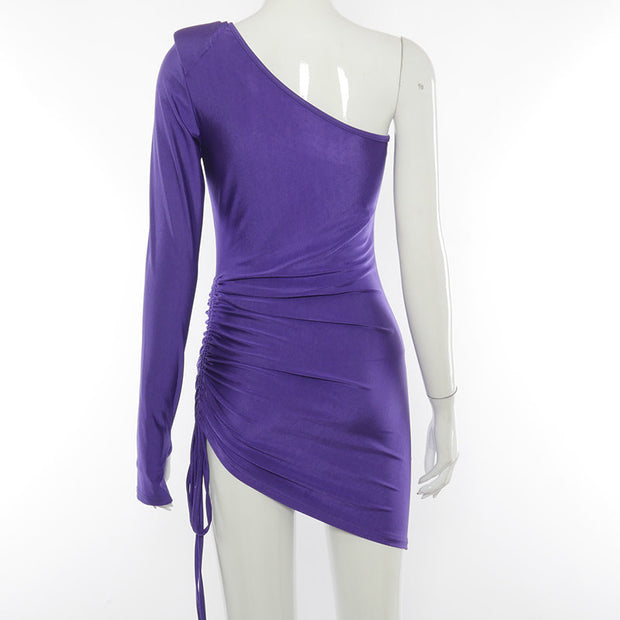 Purple Plain Bodycon Single Shoulder Dress