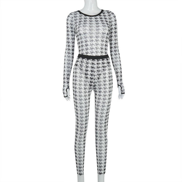 Buy Online Premium Quality and Stylish Printed Mesh Jumpsuit with Houndstooth Fabric Long Sleeves Jumpsuits - Rompers - Sexy - Women&#39;s Clothing - Mesh - ShBang.co