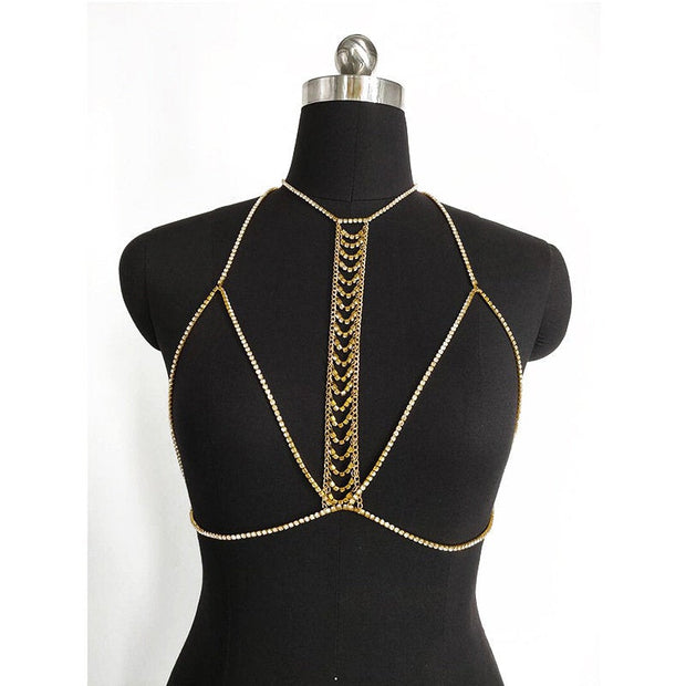 Bra Chest Chain with a multi-layer hollowed-out Chest chain and a neck necklace - Bra Belly Chain - Festival Body Chain - Gold shbangco