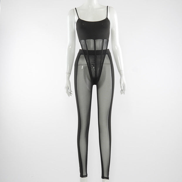 BLACK SLIMFIT - Mesh Jumpsuit with Knitted Mesh Fabric Sleeveless Catsuit - Rompers - Sexy - Women Clothing - Mesh - Bodycon -Bodysuit www.shbang.co.uk 