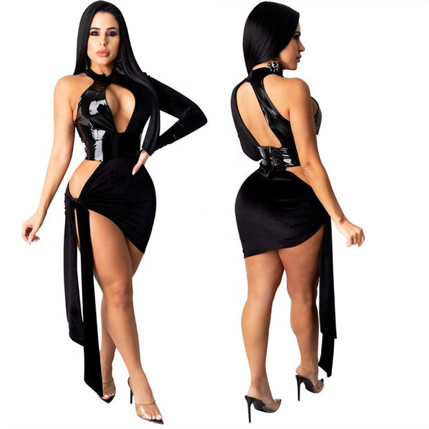 2021 New Arrivals Bombshell Look Pu Leather Patchwork Velvet Lace Up Club Dresses Women Stylish Sexy Nightclub Party Black Dress Bodycon www.shbang.co