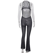Shinny Jumpsuit Bodysuit - Sexy Mesh Backless Shiny Jumpsuit Women Solid One Piece Slim Flare Bottoms Hot Bodysuit - Rompers - Catsuit WWW.SHBANG.CO