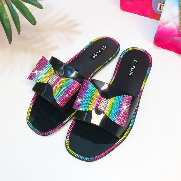 Latest Trendy Slippers Transparent Coloured Diamonds Rainbow Bowknot Summer Slippers For Ladies Fashionable Light Shoes www.shbang.co SHBANG