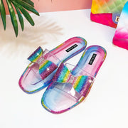 Latest Trendy Slippers Transparent Coloured Diamonds Rainbow Bowknot Summer Slippers For Ladies Fashionable Light Shoes www.shbang.co SHBANG