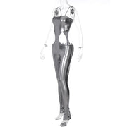 Buy Online Sizzling Shinny Silver Halter Jumpsuit - Sexy Catsuit - Cutout Sling Jumpsuit - Long-Lasting Useable Bodysuit - Playsuit - Bodysuit Shbang.co