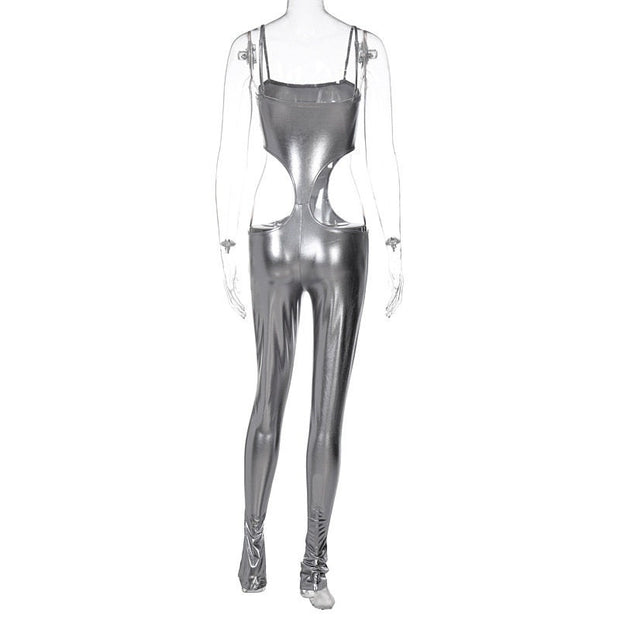 Buy Online Sizzling Shinny Silver Halter Jumpsuit - Sexy Catsuit - Cutout Sling Jumpsuit - Long-Lasting Useable Bodysuit - Playsuit - Bodysuit Shbang.co