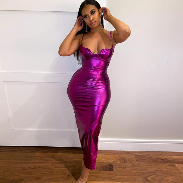 Buy Online Sexy Bright Metallic Evening Dress - Skinny Fit Backless Party Dress - Night Club Dress - Christmas Party Outfit Dresses Shbang.co