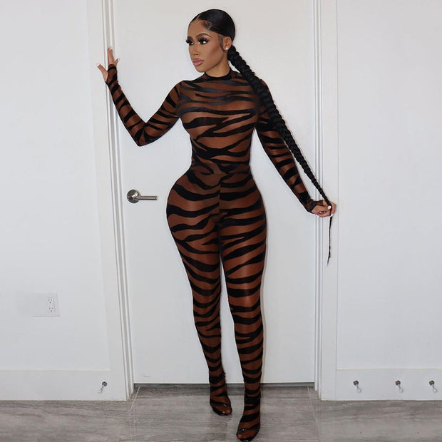 Woman's Long Sleeve Zebra Print Sexy Jumpsuit