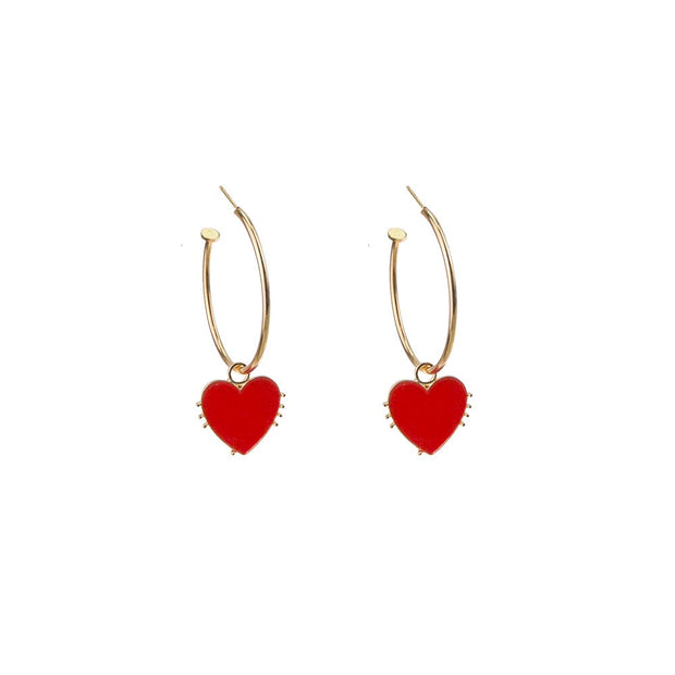 Fashion Gold Red Enamel Heart Drop Earrings