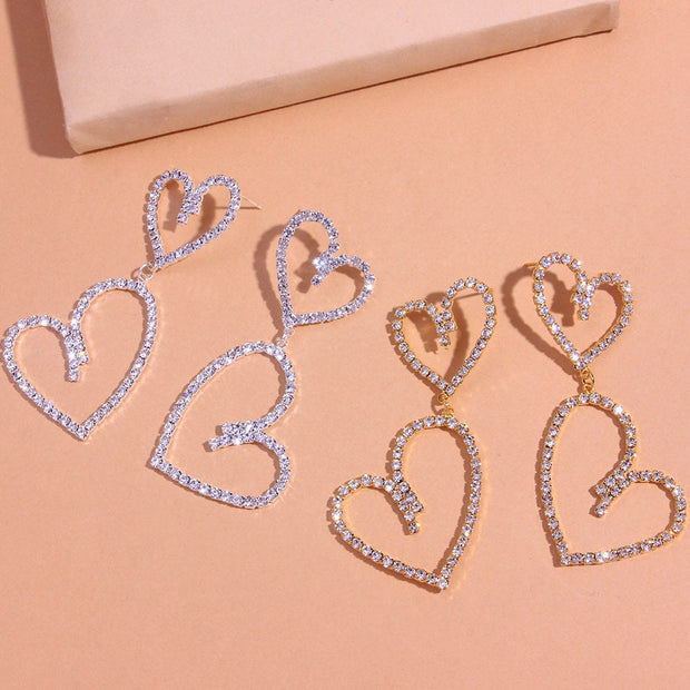 18K Gold Dangling Heart Pendant Crystal Earrings