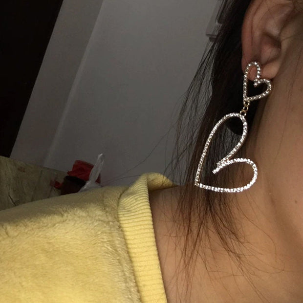 18K Gold Dangling Heart Pendant Crystal Earrings